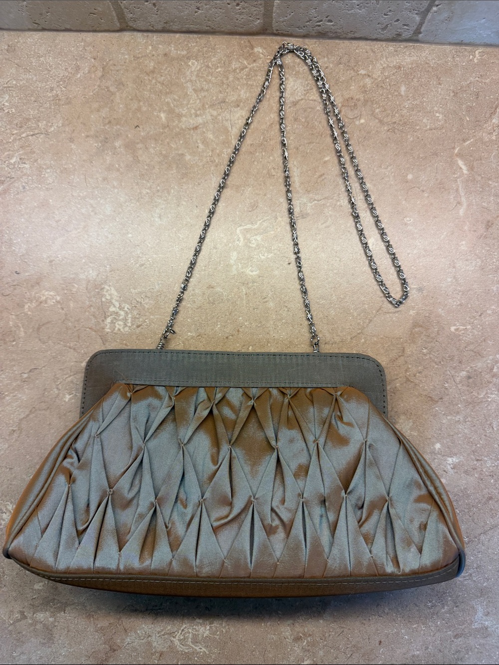 JAFRA Olive Satin Gathered Evening Clutch with Silver Chain